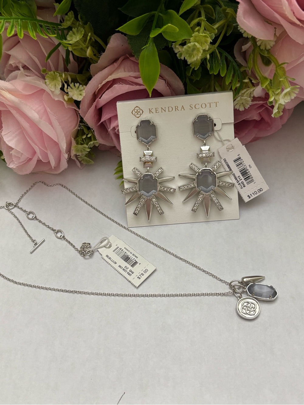 NWT Kendra Scott Allie earrings + Dira coin charm necklace in silver Slate Cat e